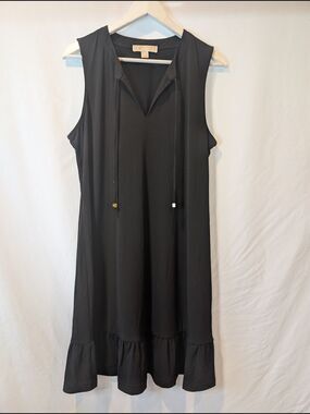 Michael Kors Black Sleeveless Midi Dress  V-Tie Ruffle Hem work travel easy care